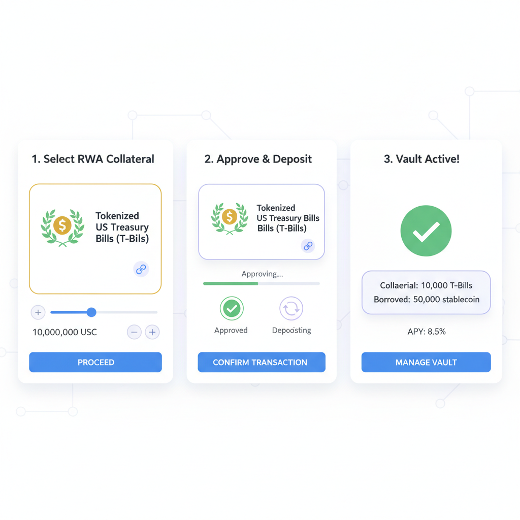 clean DeFi vault UI depositing tokenized Treasury bills RWA collateral