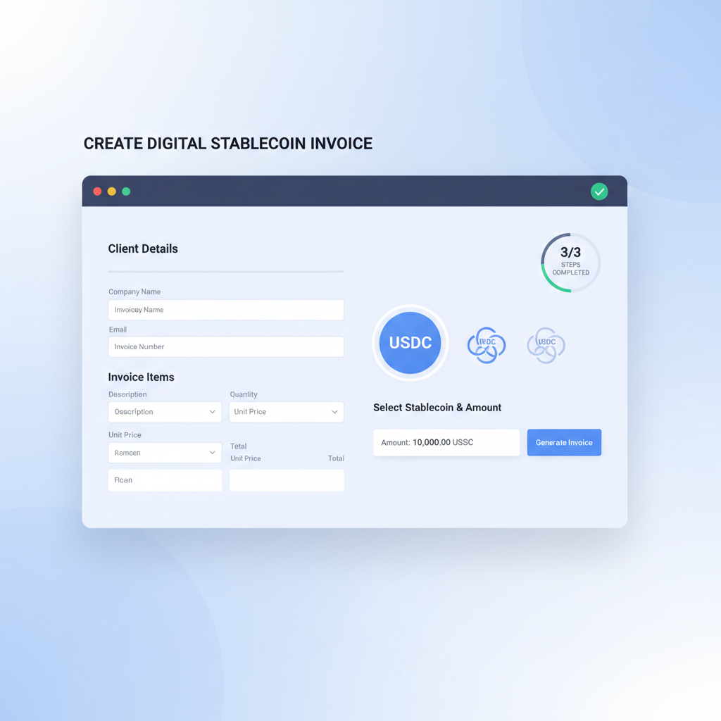 sleek web dashboard creating digital stablecoin invoice, USDC icons, professional B2B interface, clean modern design