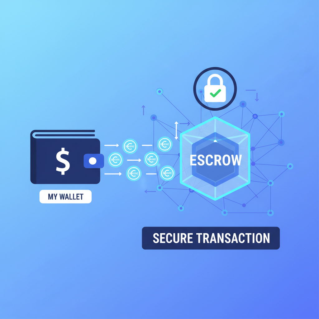 wallet depositing USDC into glowing escrow vault, blockchain network visualization, secure transaction animation