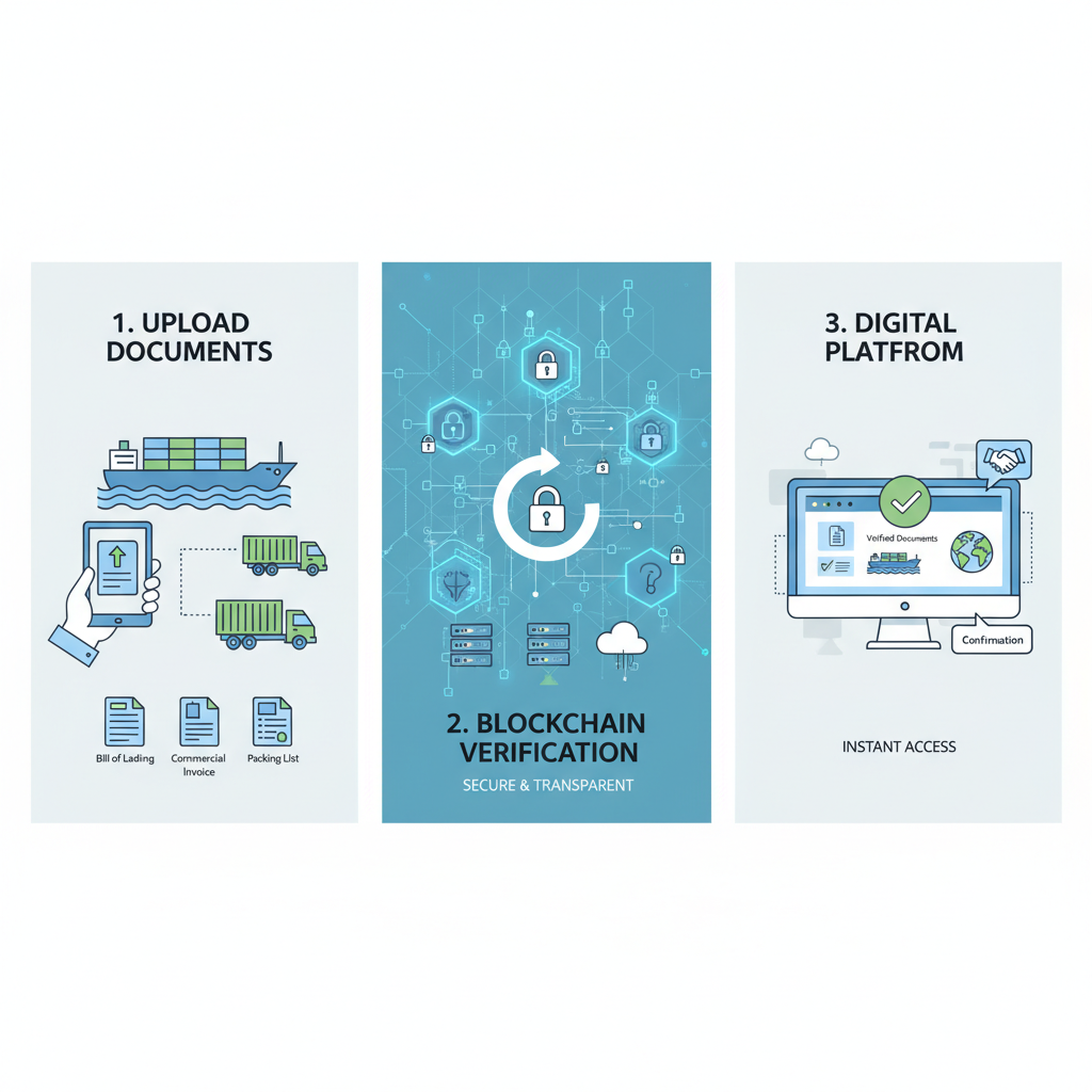 uploading shipping documents to digital platform, cargo ship and truck icons, blockchain verification overlay