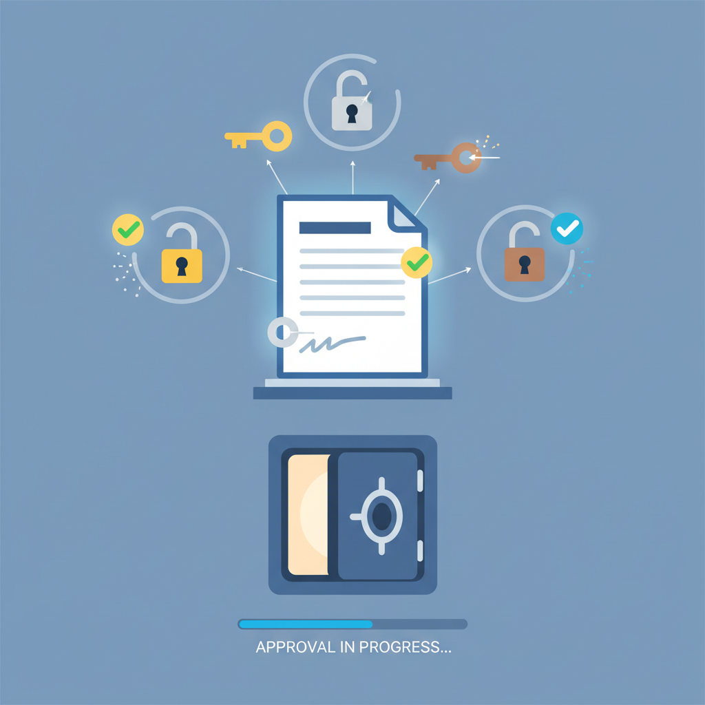 multi-signature approval interface with locks unlocking, three keys signing document, secure digital vault
