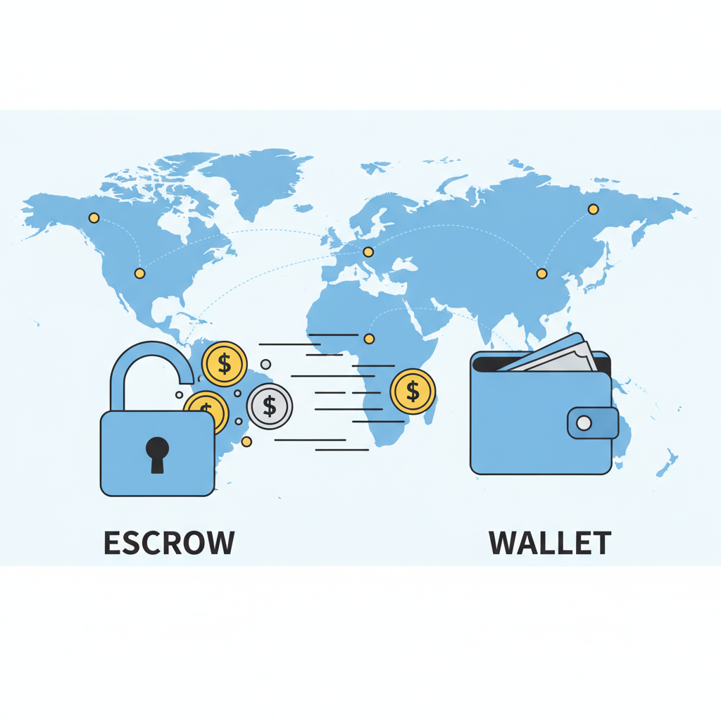 USDC coins bursting from escrow to wallet, speed lines indicating instant transfer, global map background