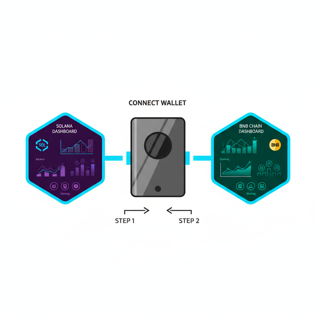 sleek crypto wallet connecting to Solana and BNB Chain dashboards, neon blue interfaces