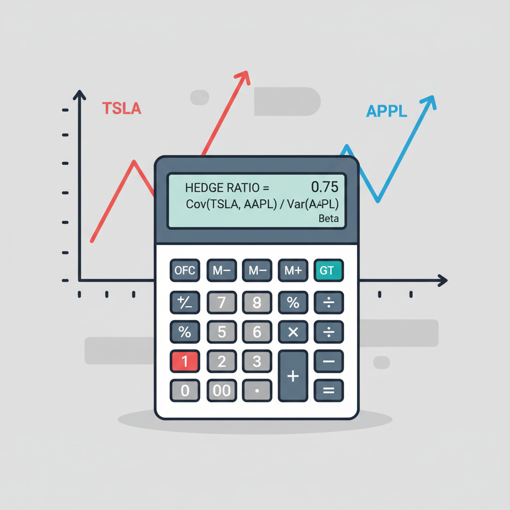financial calculator displaying hedge ratio formula TSLA AAPL charts overlay