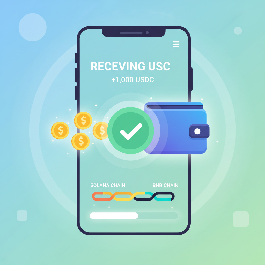 digital wallet receiving USDC on Solana BNB Chain, glowing fund transfer animation