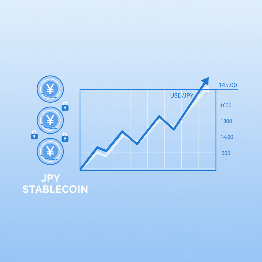 professional forex chart USD/JPY trending to 145, yen stablecoin icons, blue reassuring tones