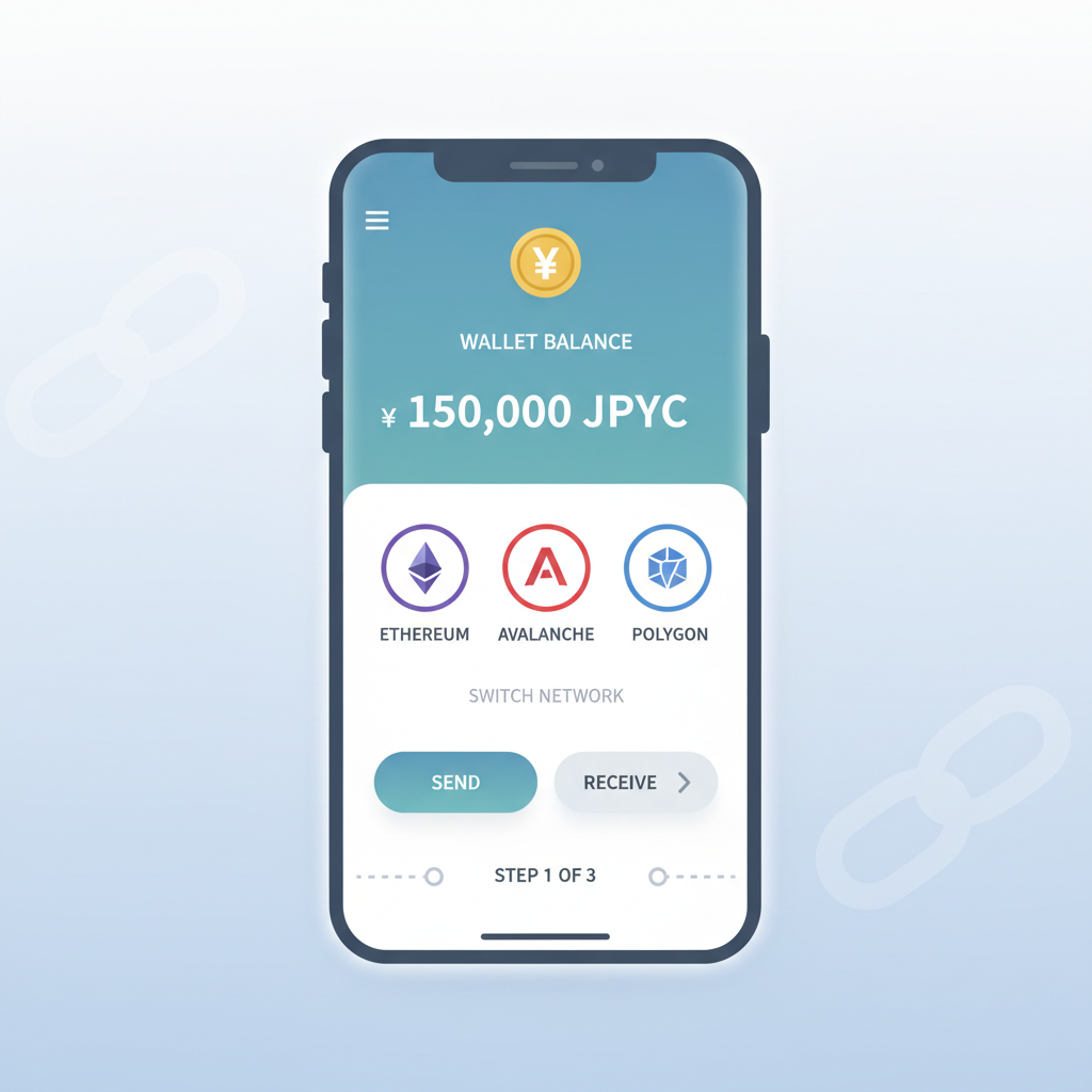 sleek mobile wallet app interface showing JPYC balance, blockchain networks Ethereum Avalanche Polygon