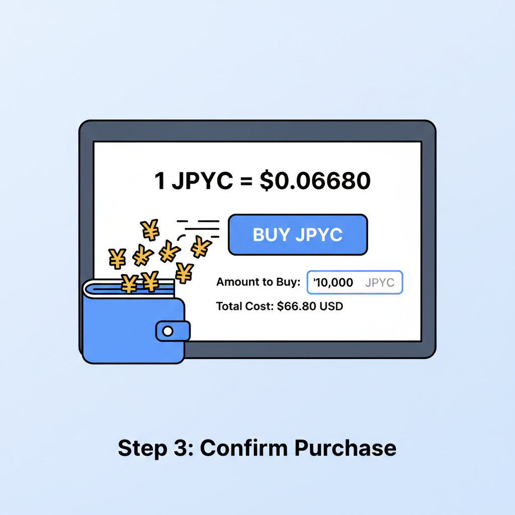 exchange interface buying JPYC at $0.006680, yen symbols flowing into digital wallet