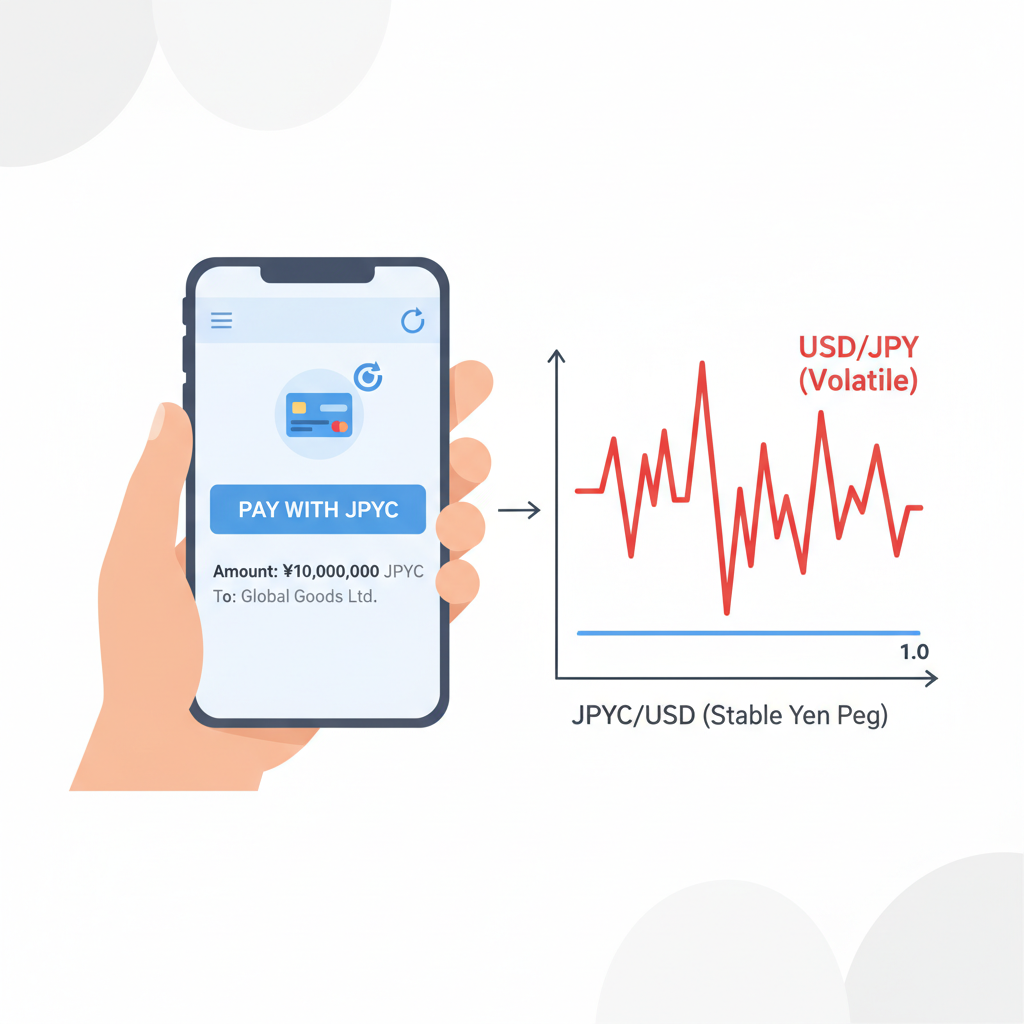 importer paying supplier with JPYC via app, stable yen peg graph versus volatile USD/JPY