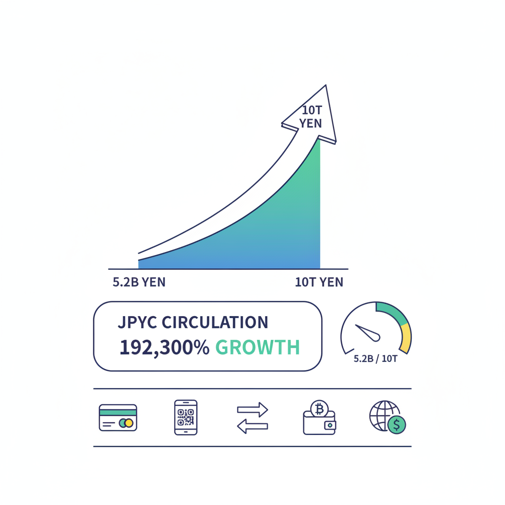 dashboard monitoring JPYC circulation 5.2B yen growth to 10T, payment integrations icons