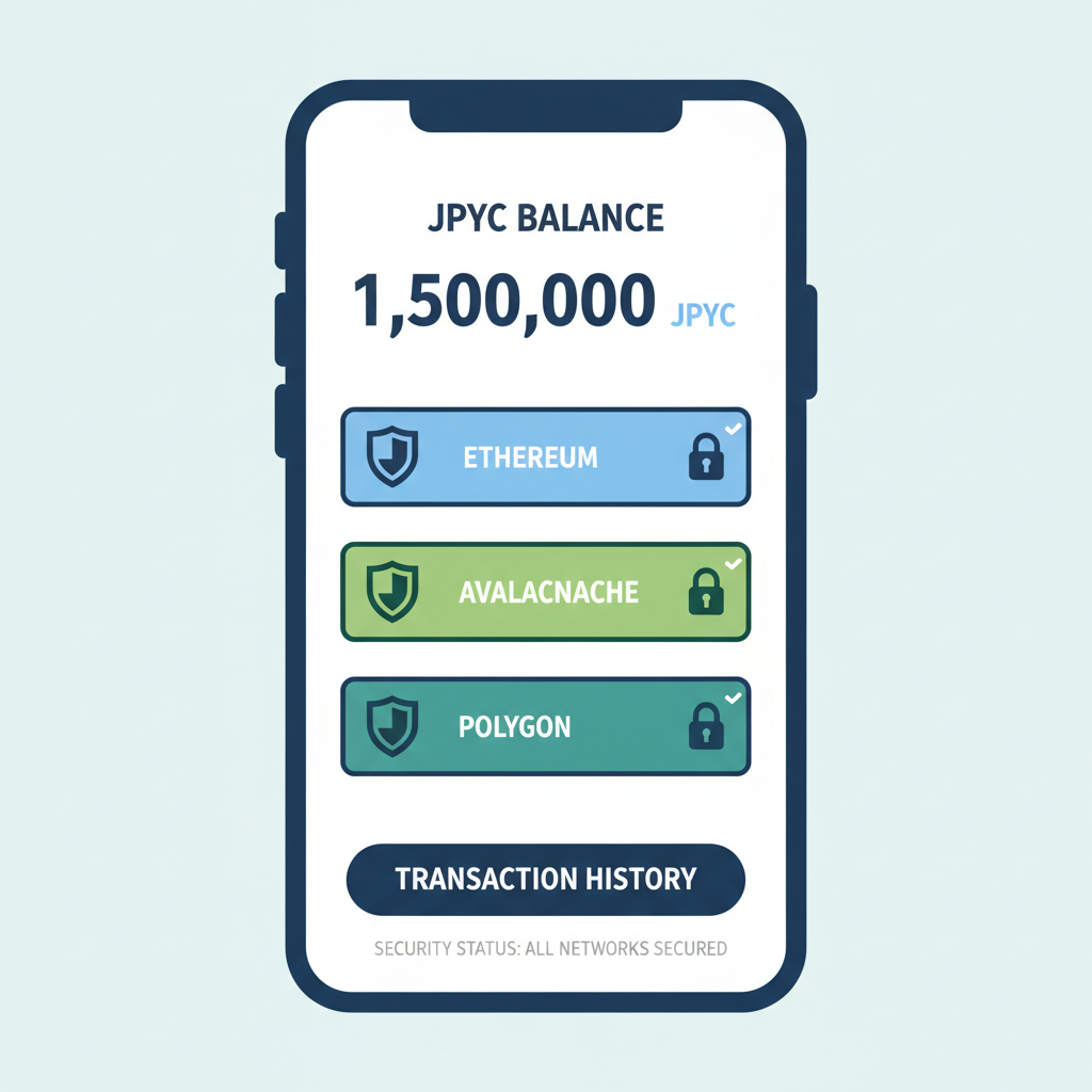 sleek multi-chain wallet screen displaying JPYC balance with security locks on Ethereum Avalanche Polygon networks, professional blue and green palette