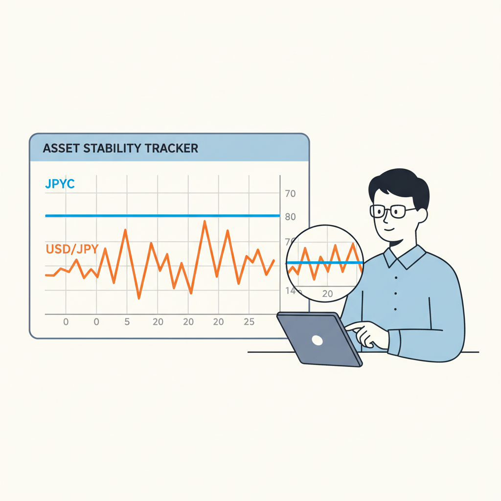 professional dashboard chart tracking stable JPYC price line against volatile USD/JPY curve, calm trader reviewing data