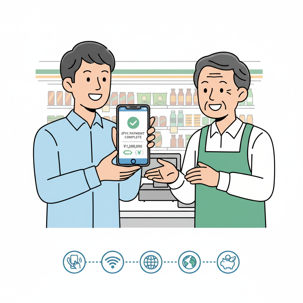 exporter smiling while paying supplier via JPYC on mobile app at Japanese convenience store, seamless transaction icons, reassuring vibe
