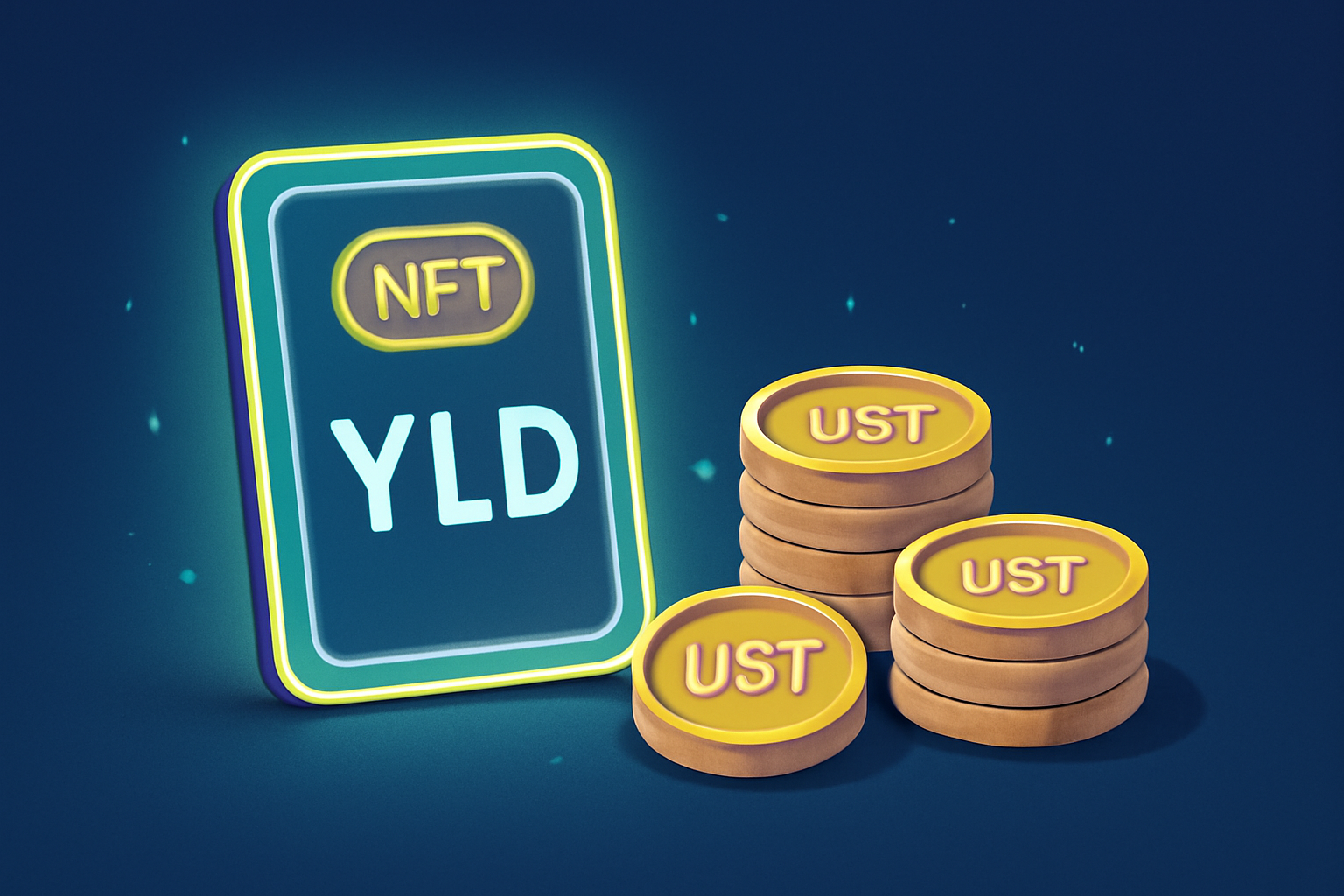 A glowing NFT card labeled 'YLD' appearing alongside USST coins, symbolizing passive income, futuristic and inviting