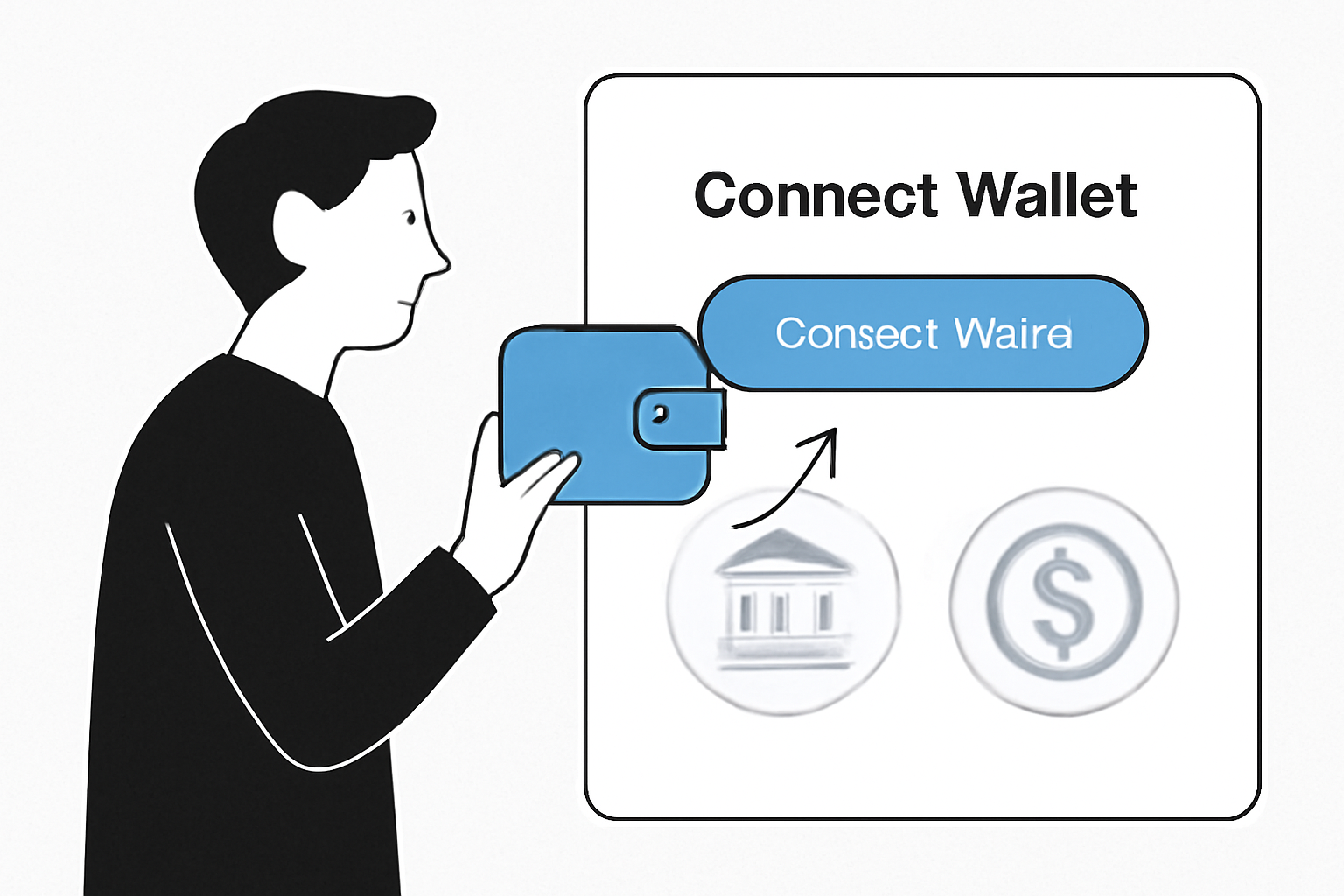 A person connecting a digital wallet to a modern DeFi platform interface, with icons of US Treasuries and stablecoins visible, clean and minimal style