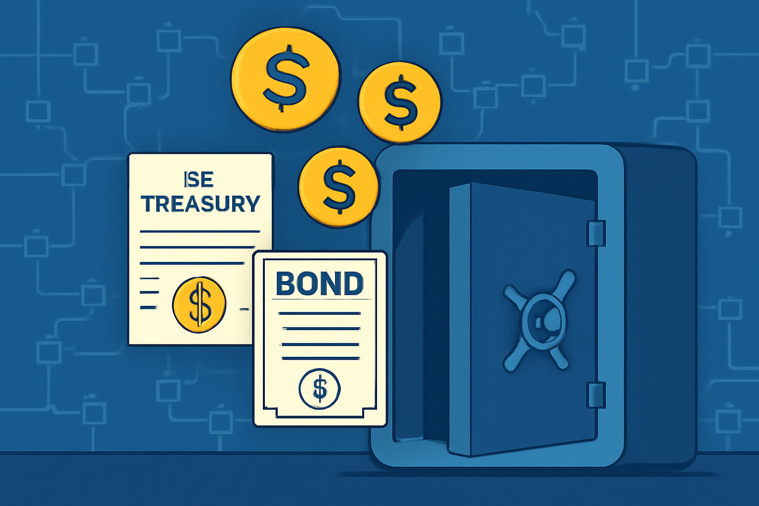 A digital vault being filled with tokenized assets representing US Treasuries and bonds, secure and transparent, on a blockchain background