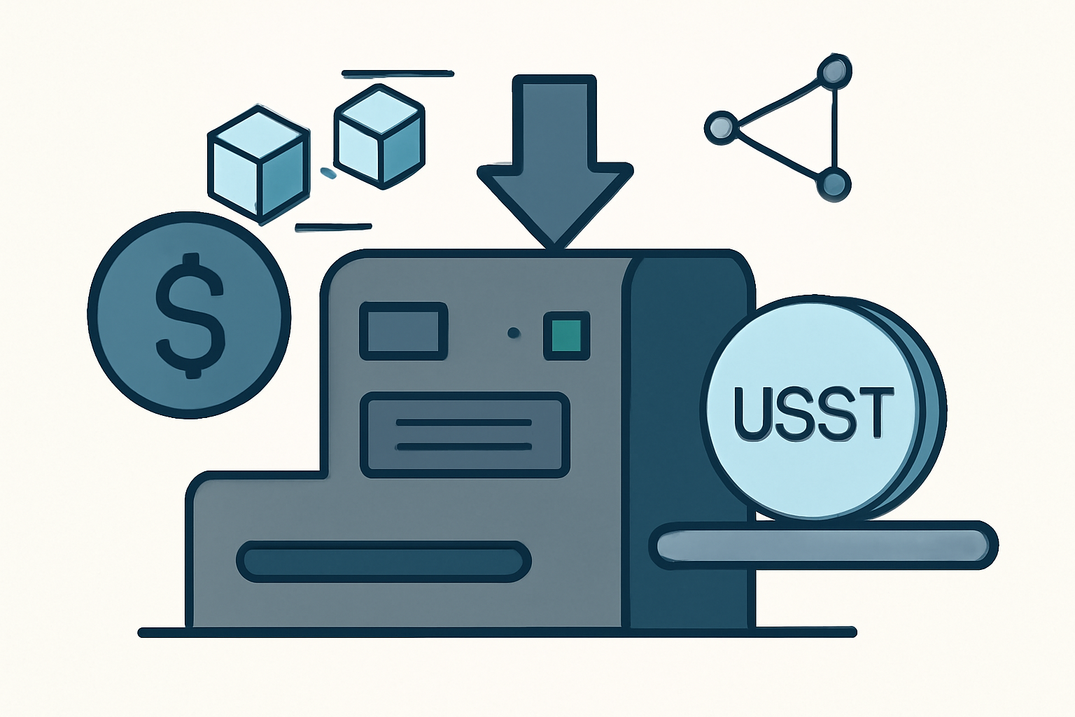 A digital minting machine producing USST coins, with a USD symbol and blockchain elements, modern and sleek