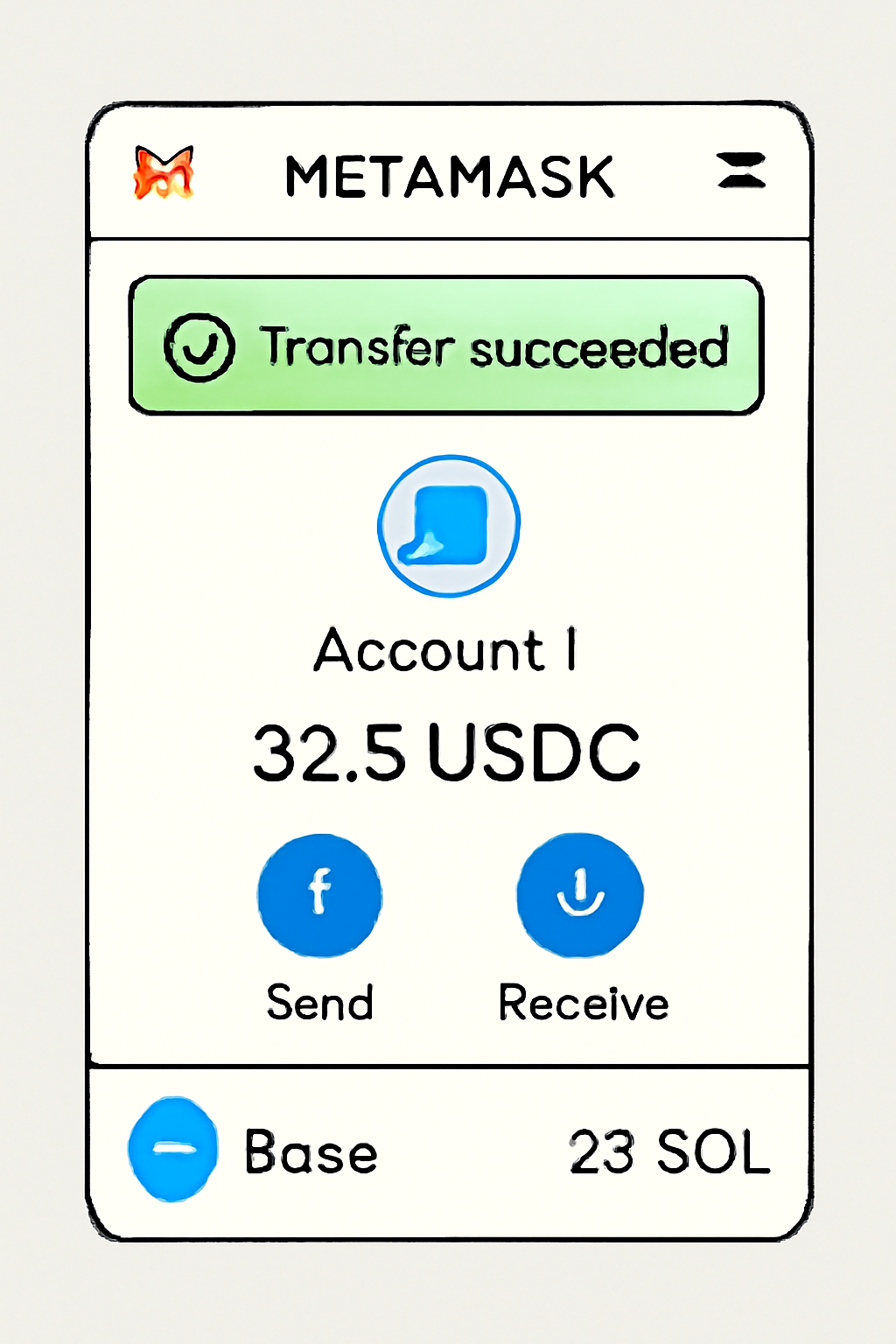 A MetaMask wallet interface displaying the received USDC or SOL on the Base network, with a notification of successful transfer