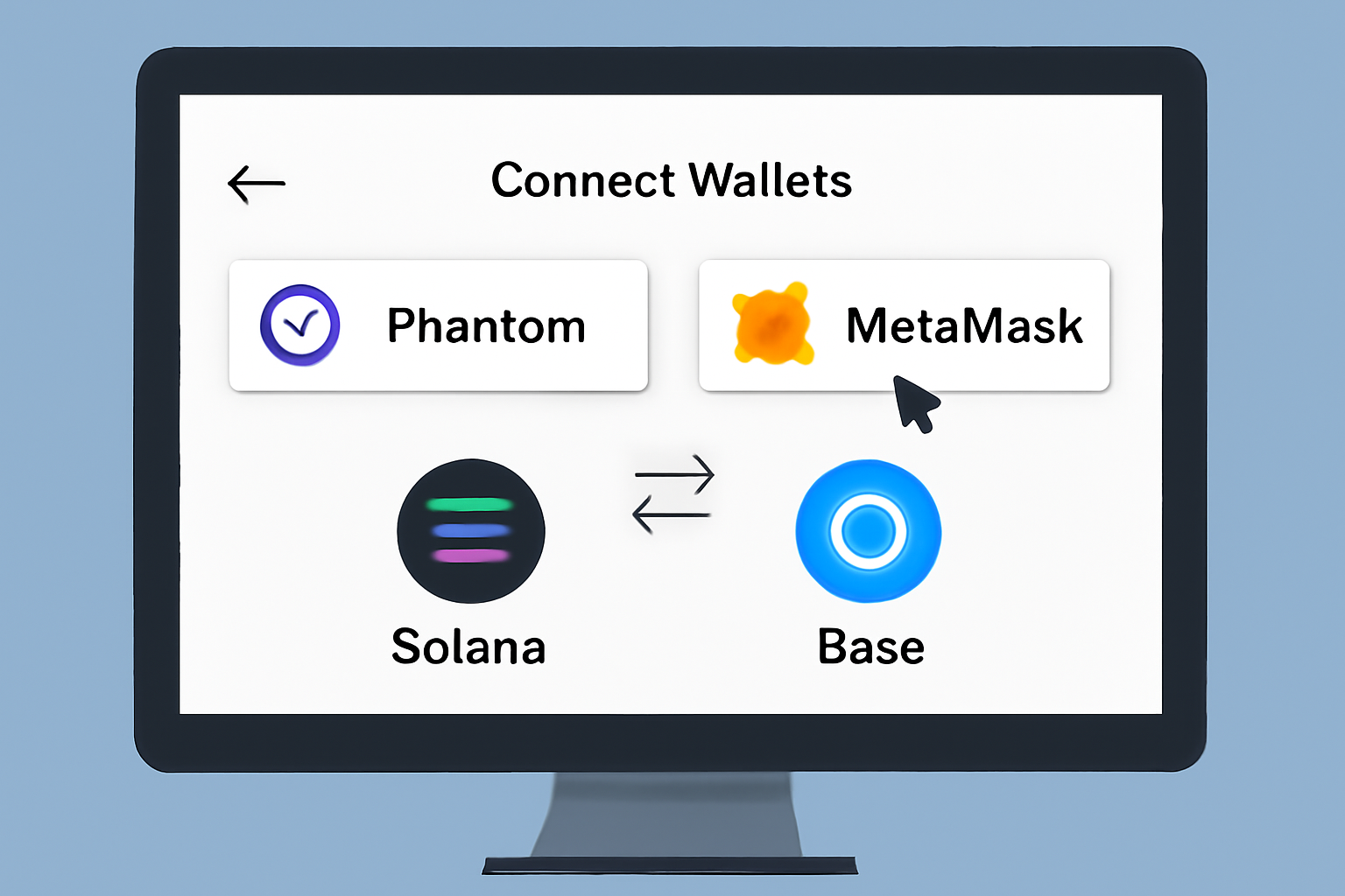A user connecting Phantom and MetaMask wallets on a cross-chain bridge interface, with Solana and Base logos visible, modern UI, desktop screen