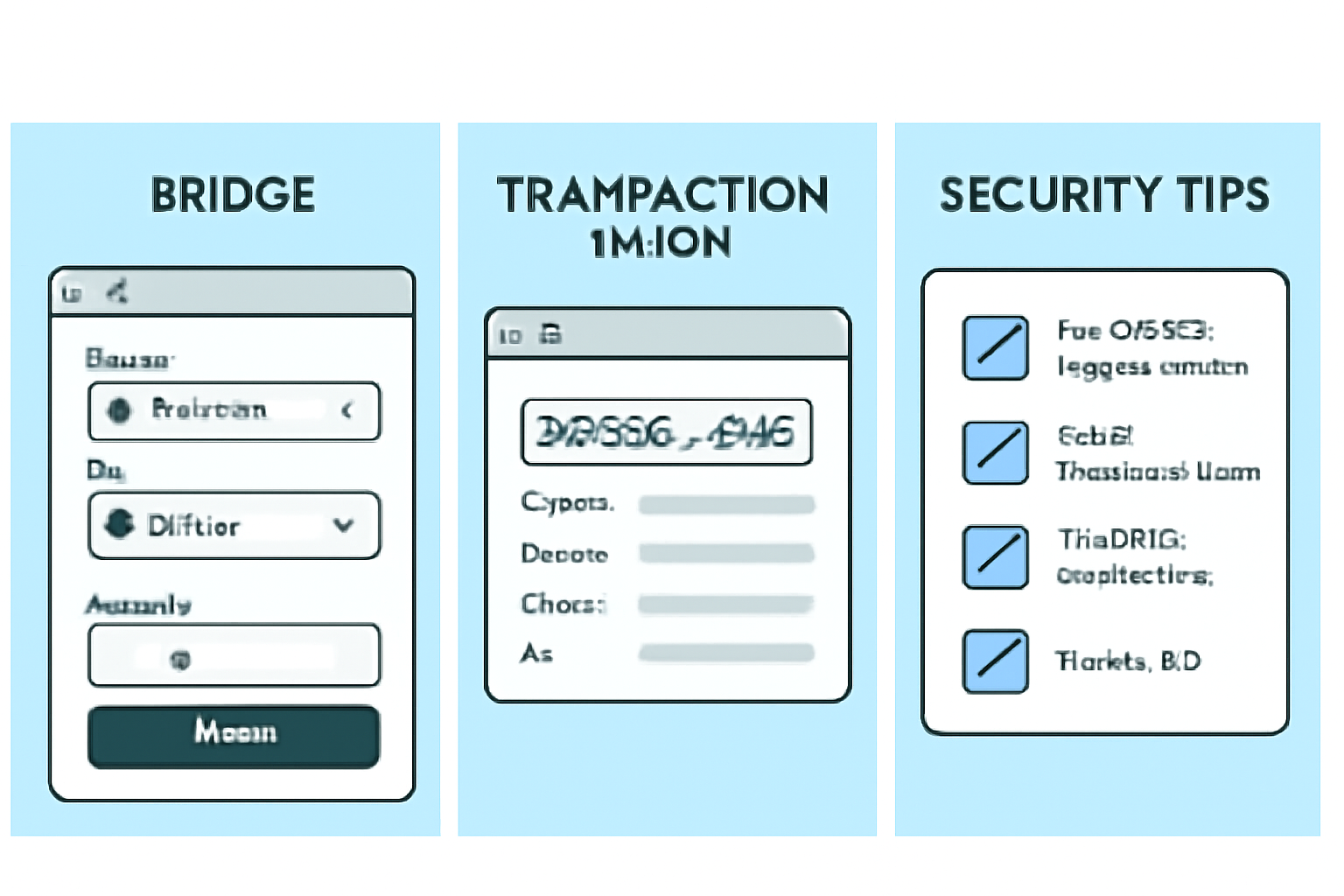 A split screen showing official bridge website, transaction hash details on block explorers, and security tips checklist