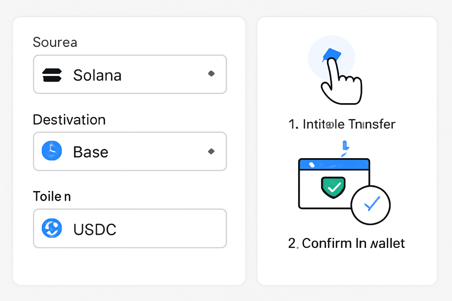 A digital dashboard showing Solana as source, Base as destination, and USDC token selected for transfer, with clear dropdown menus