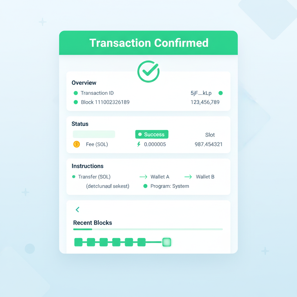 on-chain transaction confirmation dashboard, Solana explorer view with success status