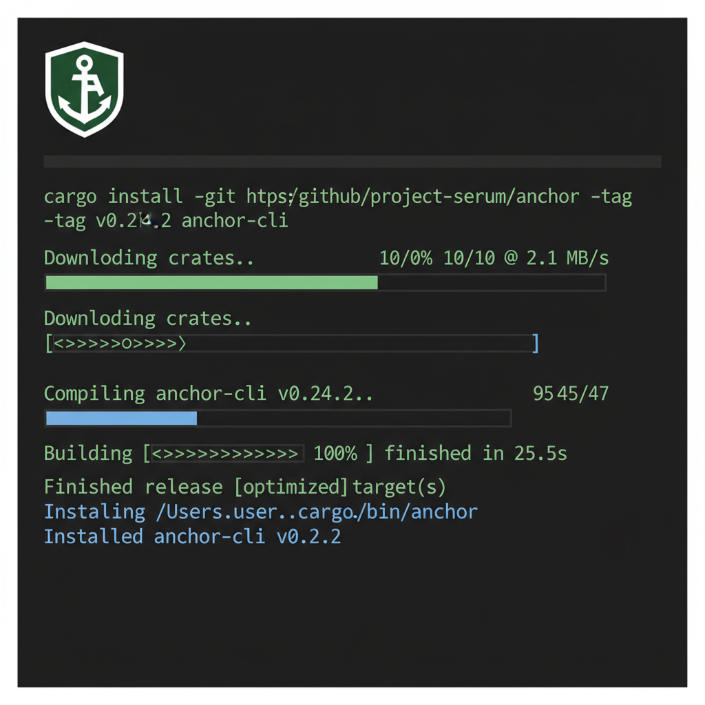 cargo install command in terminal for Anchor CLI, progress bars, Anchor framework icon