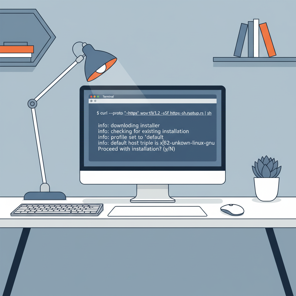 terminal window running rustup installation command, clean code output, developer setup desk