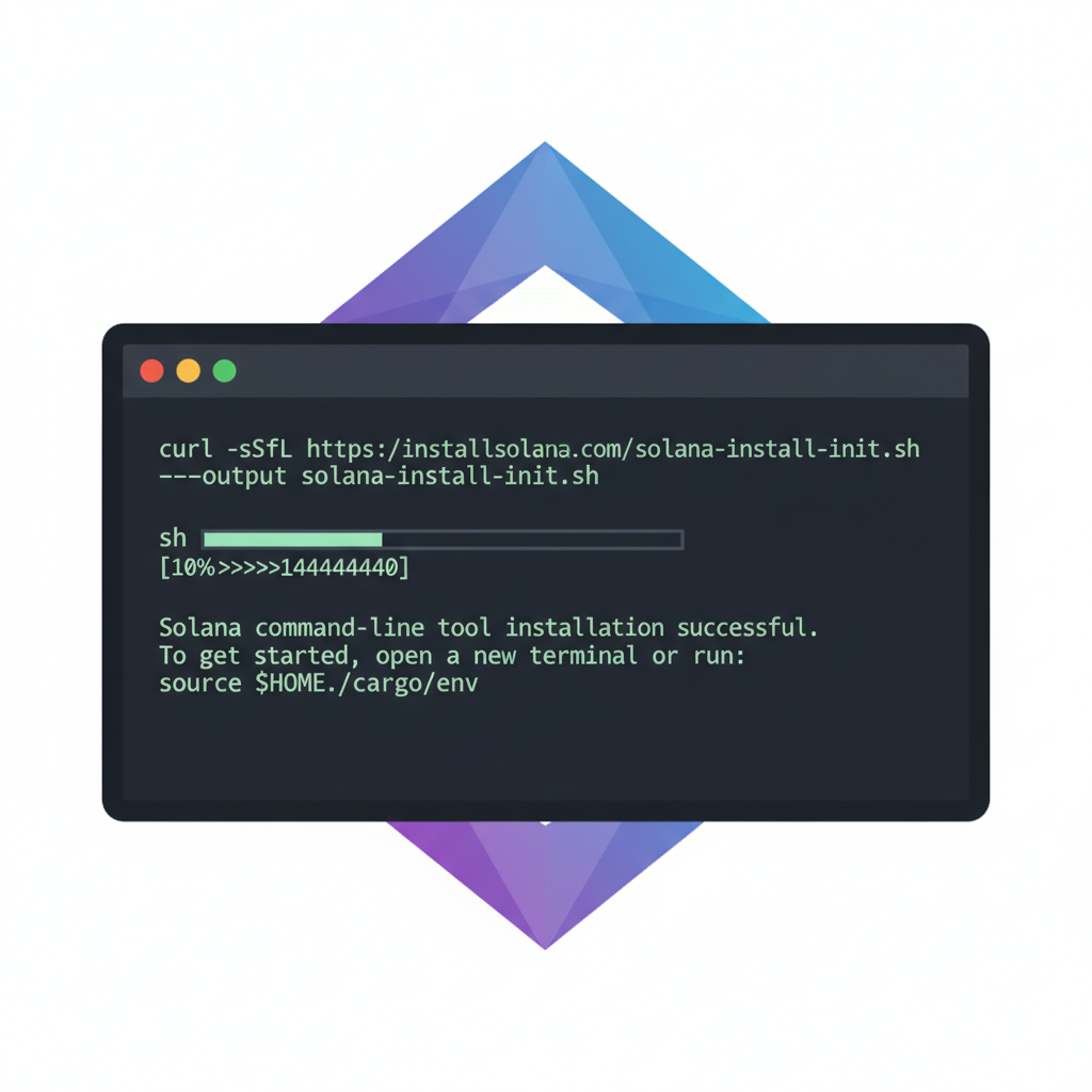 command line installing Solana CLI, success message, Solana logo in background