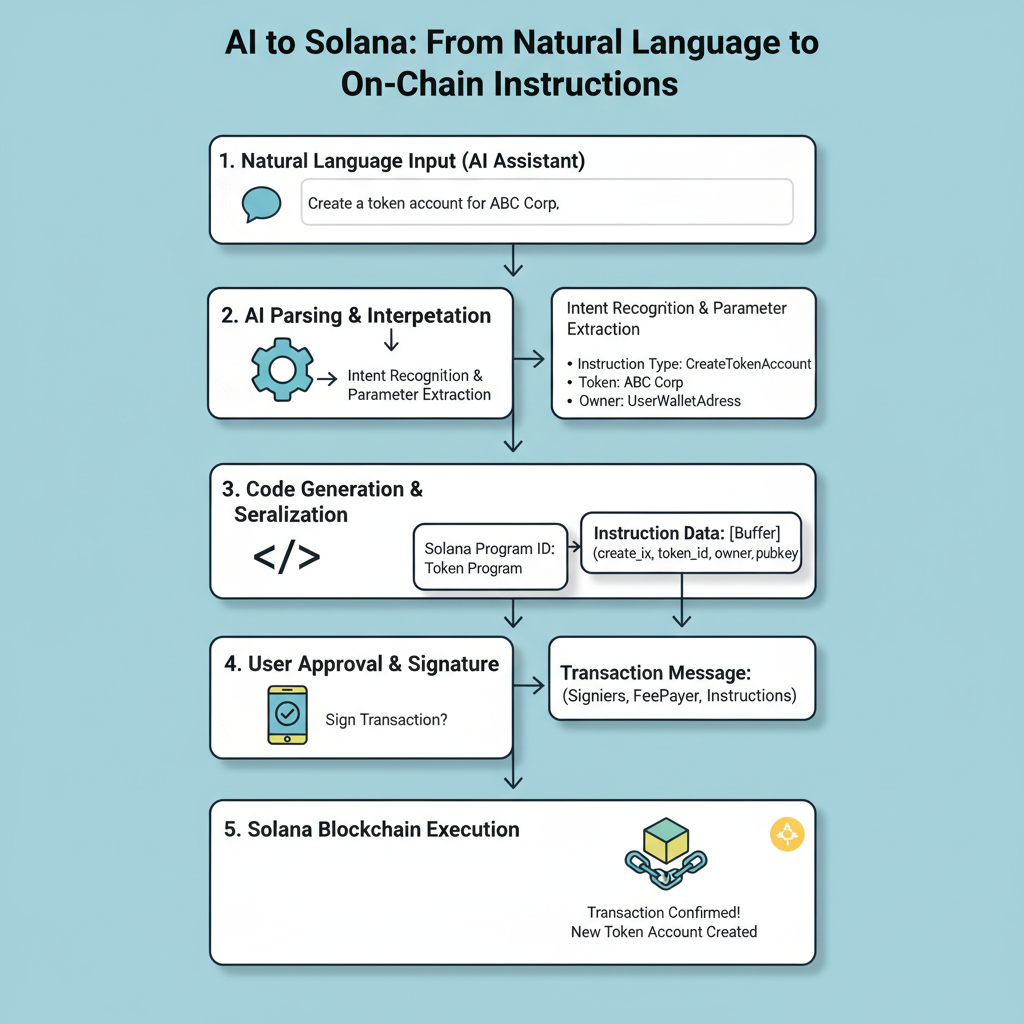 parsing AI text response into code parameters, flowchart from natural language to Solana instructions
