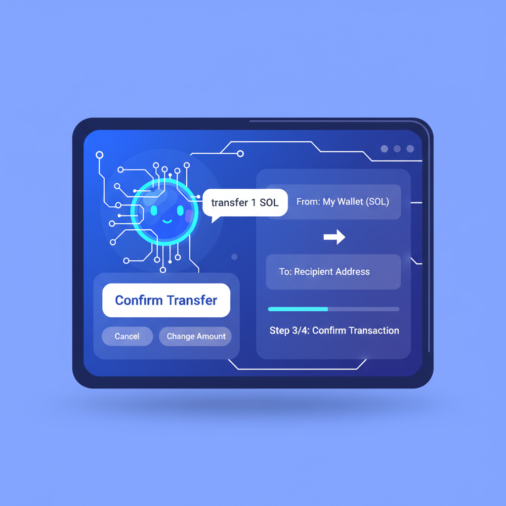 AI chatbot interface prompting Solana wallet transfer, speech bubble with 'transfer 1 SOL', futuristic UI