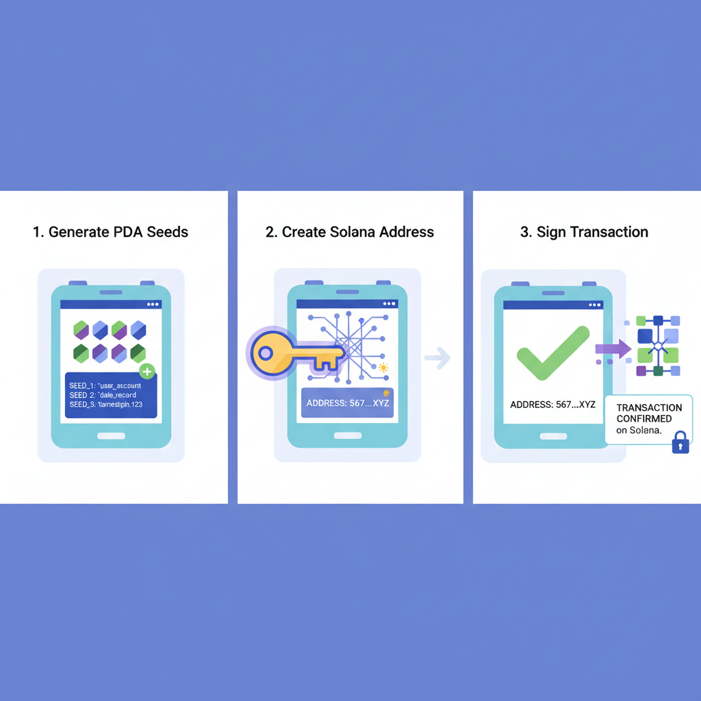 digital signing process with PDA seeds on Solana blockchain, key icons and seed strings