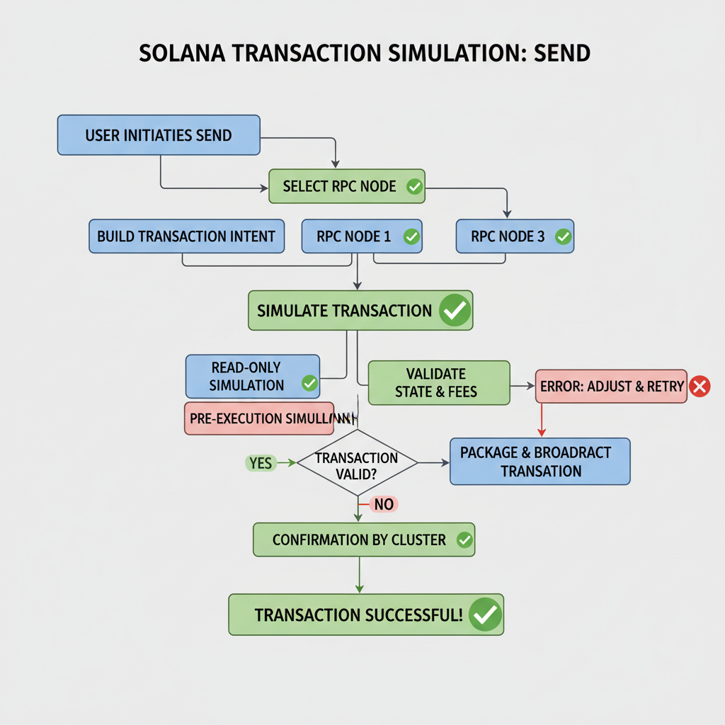 Solana transaction simulation flowchart to send, green checkmarks, RPC nodes