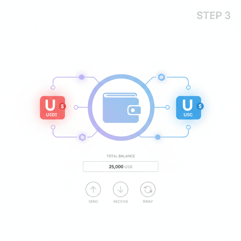 digital wallet interface linking USDT USDC icons, glowing blockchain links, modern UI