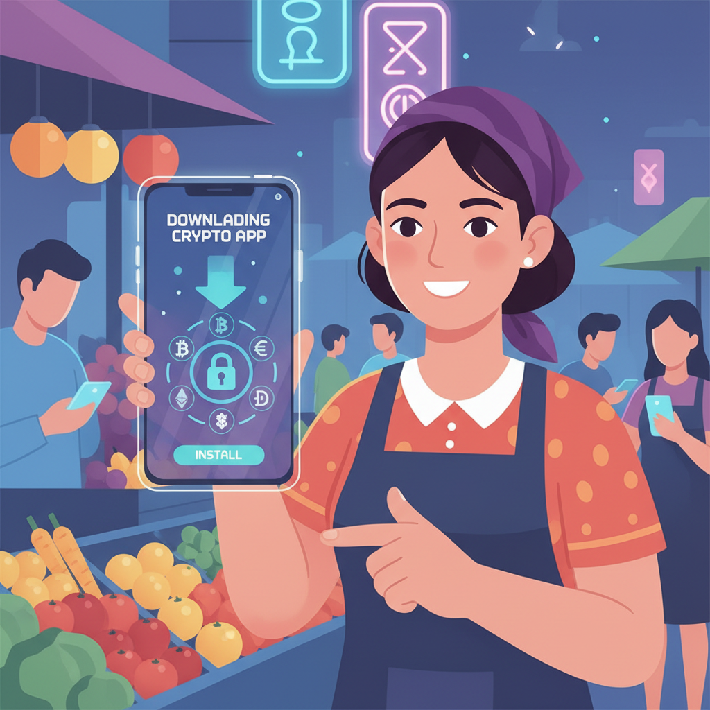 street vendor smartphone downloading crypto app, vibrant market stall background, futuristic glow