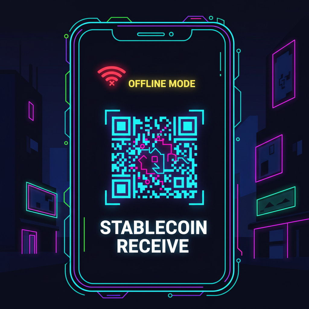 generating QR code on phone screen for stablecoins, offline mode indicator, neon cyberpunk style