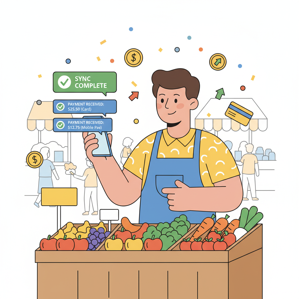 vendor checking phone sync notifications, payment confirmations popping up, triumphant market vibe