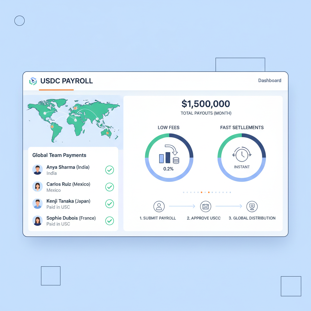 professional dashboard of USDC payroll platform showing global team payments, clean UI, charts of low fees and fast settlements, tech style