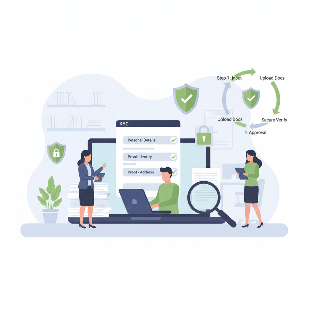 business team completing KYC form on laptop, secure verification icons, documents and checkmarks, professional office setting