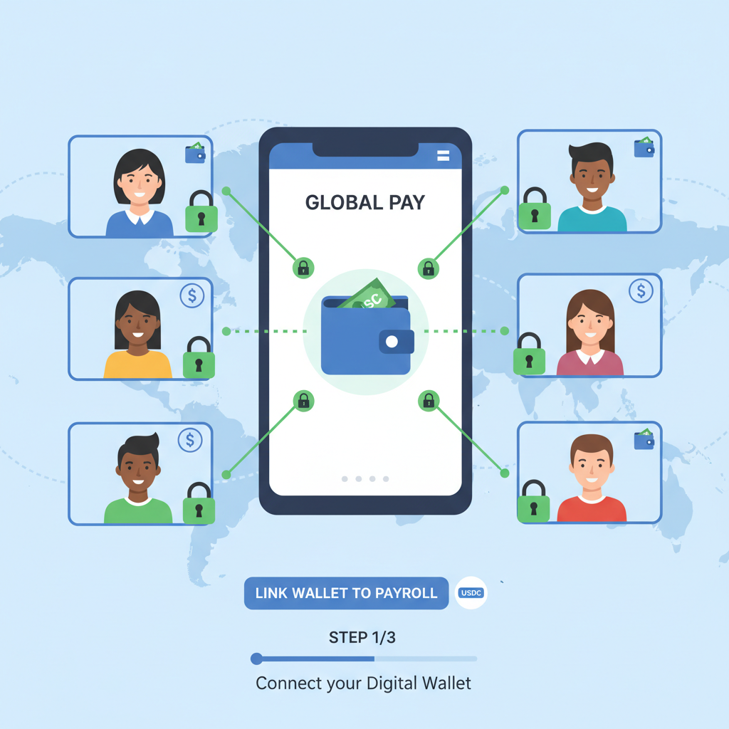 diverse global remote team on screens linking wallets to payroll app, USDC icons, secure lock symbols, world map background