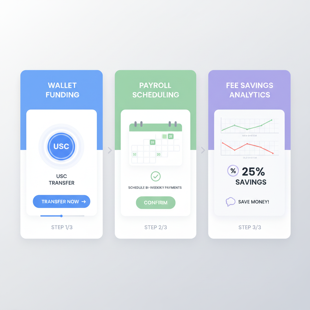 wallet funding interface with USDC transfer, calendar scheduling payroll, graphs showing fee savings, modern fintech design