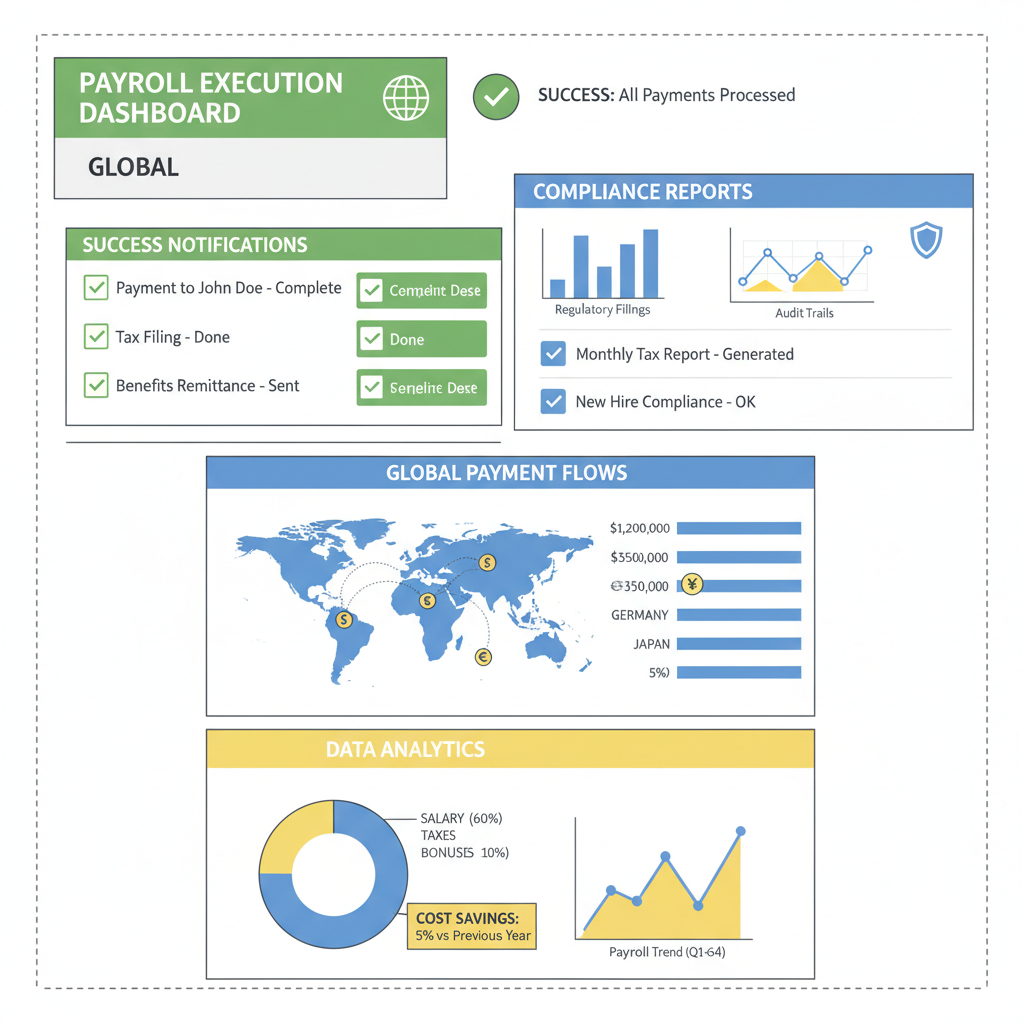 payroll execution dashboard with success notifications, compliance reports and charts, global payment flows, data analytics style