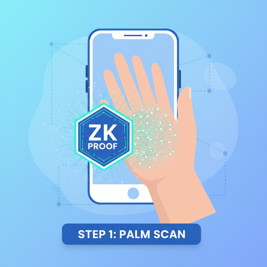 mobile palm scan biometric verification, glowing zk proof