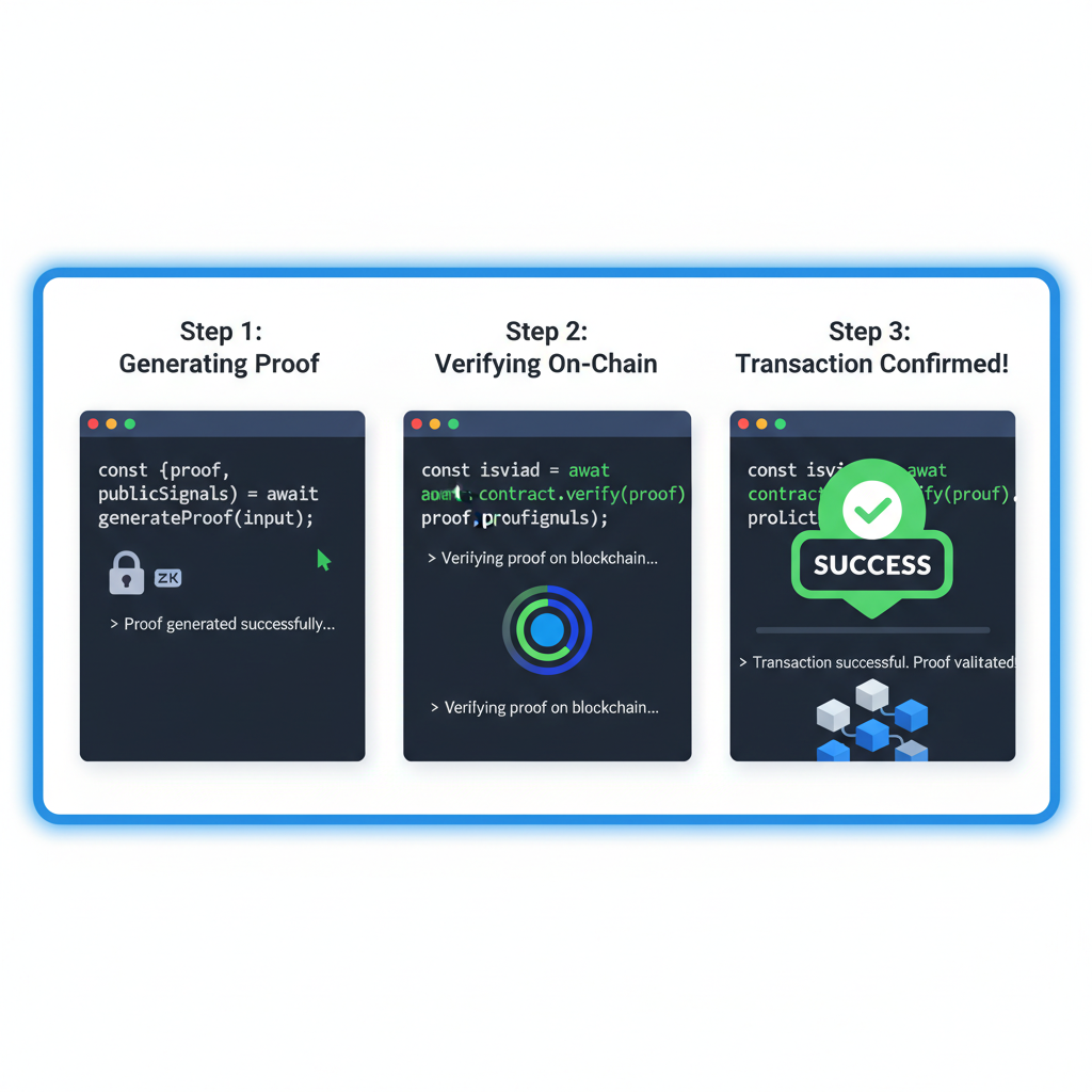 ZK proof object in code console, success badge web3