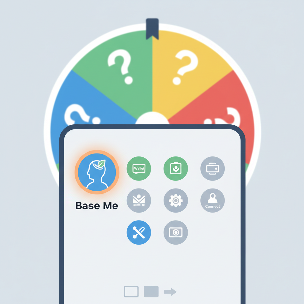 Base app dashboard with Base Me mini app icon highlighted, spin wheel teaser in background, modern mobile UI