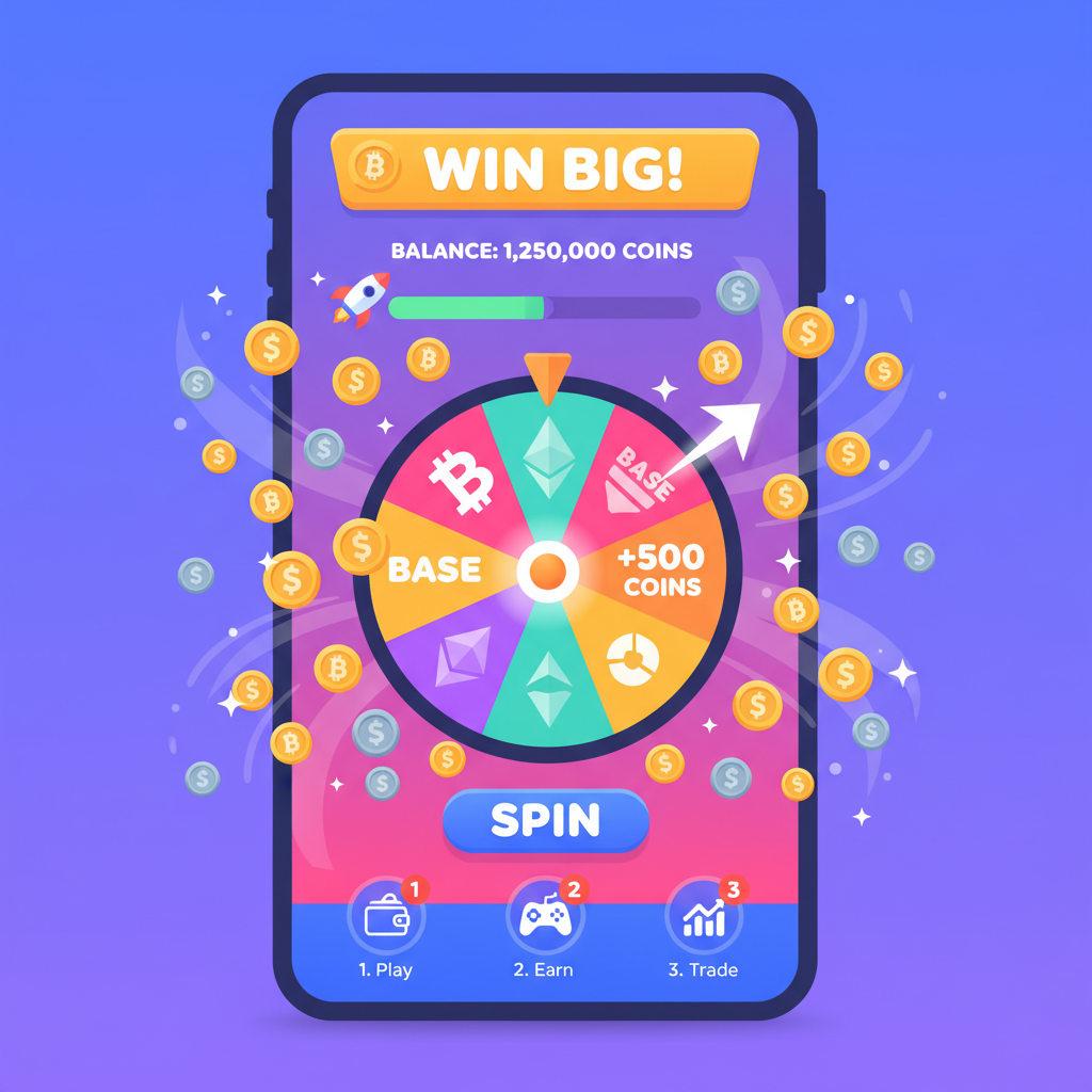 colorful Base Me app screen with spinning wheel game, coins flying, fun gamified crypto UI