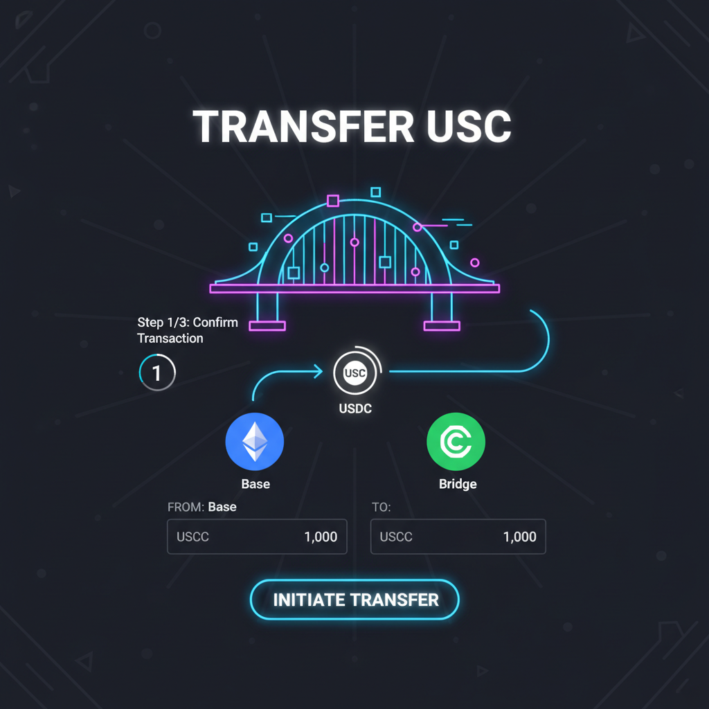 web interface of Base Bridge transferring USDC, glowing bridge graphic, neon crypto aesthetic