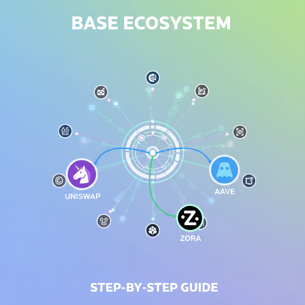 montage of Base dApps icons like Uniswap Aave Zora connected in ecosystem map, vibrant network