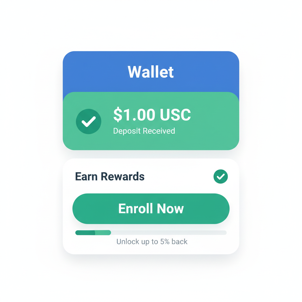Base app wallet tab showing $1 USDC deposit and rewards enrollment button, green checkmarks