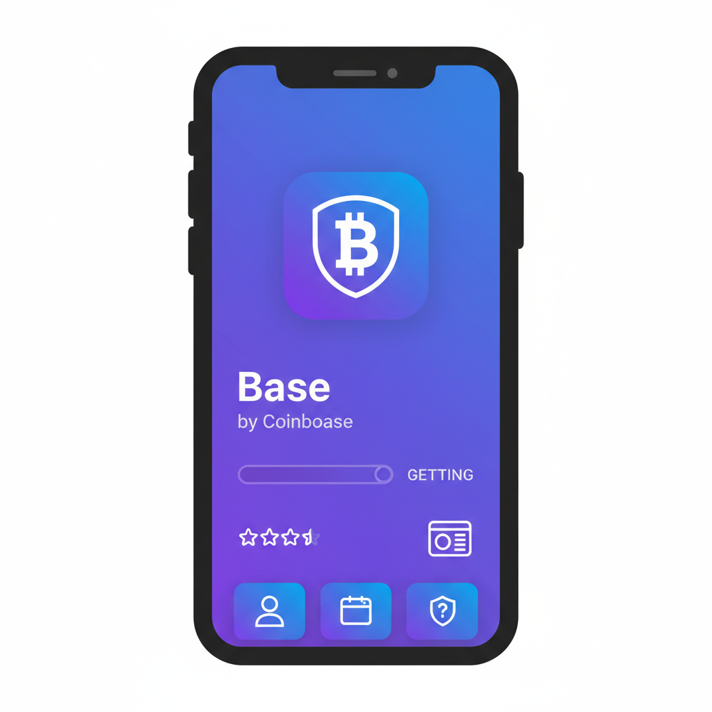 smartphone screen in app store downloading Base app by Coinbase, vibrant purple and blue crypto theme, clean UI mockup